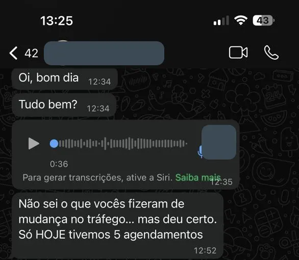 Cliente para a NSM: não sei o que vocês fizeram de mudança no tráfego, mas deu certo, só hoje tivemos 5 agendamentos
